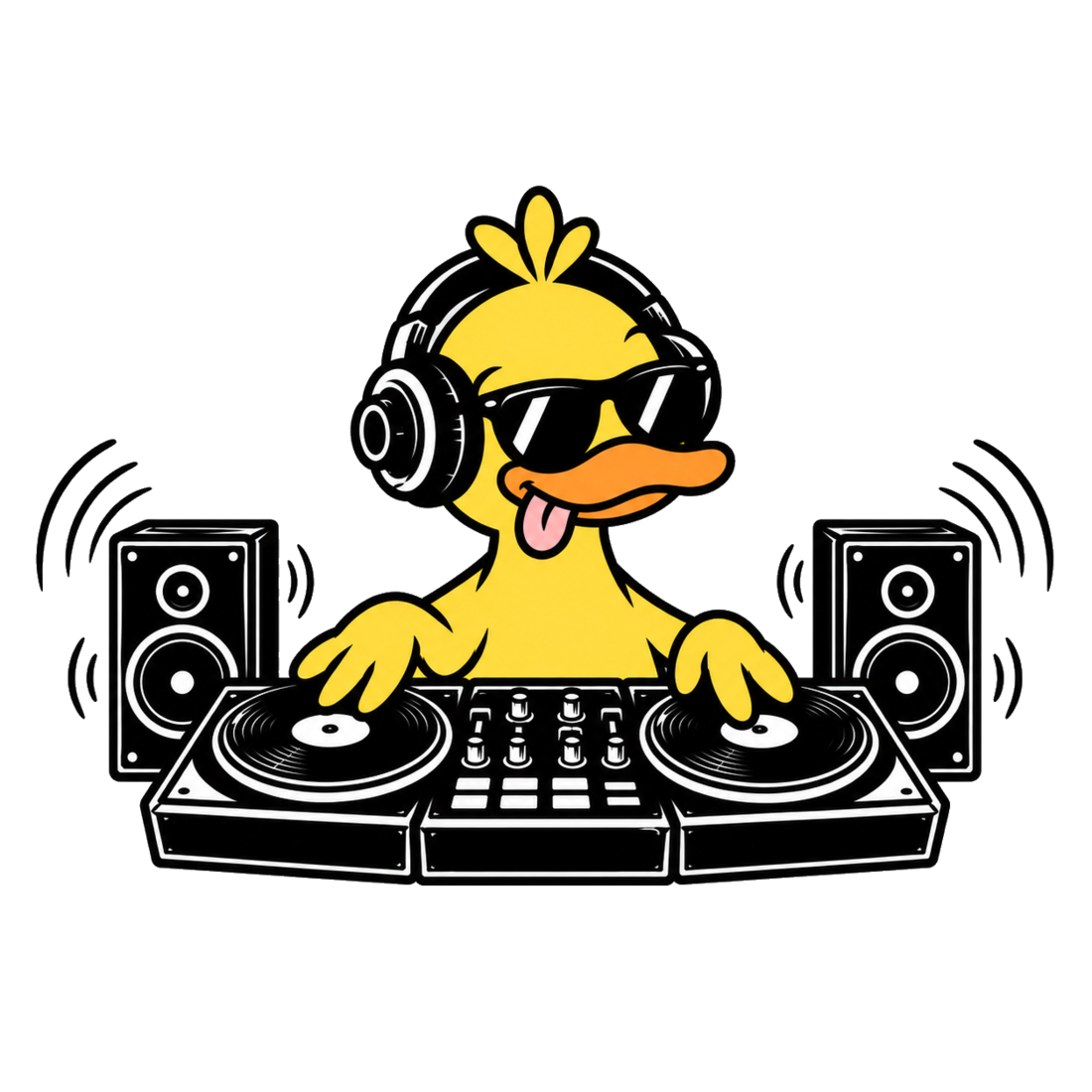 GrooveDuck with DJ deck, sunglasses and speakers